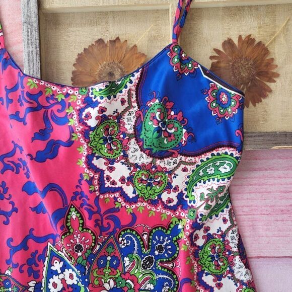 Natori Pink/Blue Multicolored Paisley Satin Midi Shift Slip Dress M/L - Picture 5 of 6